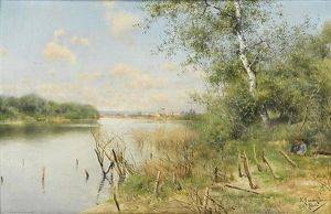 A Tranquil River With A View Of A Town, Possibly Seville A Tranquil River With A View Of A Town, Possibly Seville