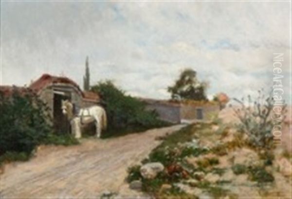 Horse On A Dirt Road In A French Landscape - view 1