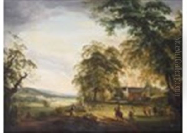 An Extensive Landscape With Elegant Figures In The Foreground Near A Manor House With A River And Castle Beyond, Possibly Arundel - view 1