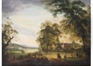 An Extensive Landscape With Elegant Figures In The Foreground Near A Manor House With A River And Castle Beyond, Possibly Arundel by Paul Sandby