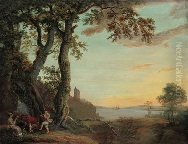 A Bucolic Couple In A Landscape, With A Castle And An Estuary Beyond - view 1