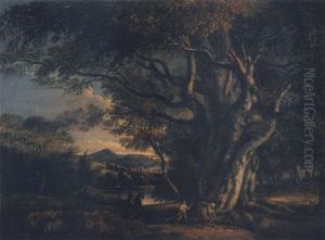 A Wooded Landscape With An Ancient Beech Tree, A Huntsman And Mountains Beyond by Paul Sandby