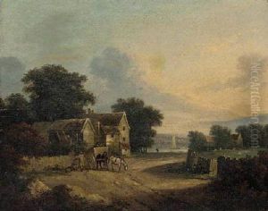 A Sunset River Landscape With Figures And A Horse And Cart Before A Cottage