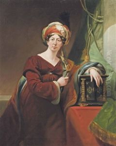 Portrait Of Hester Maria, Viscountess Keith Elphinstone, Nee Thrale (1764-1857), Three-quarter-length, In A Red Dress And Blue Wrap, With A Turban, Her Left Hand On A Sculpted Box On A Table, Before A Green Curtain