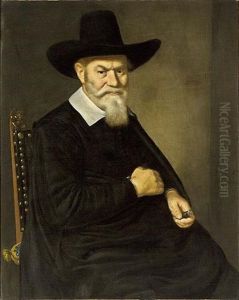 A Portrait Of A 67-year Old Gentleman, Wearing A Black Coat With A White Collar And A Hat, Holding A Seal-stamp With A Coat-of-arms Of The City Of Amsterdam In His Left Hand