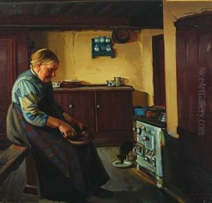 Interior From A Kitchen With Woman And Dog by Marie Sandholt