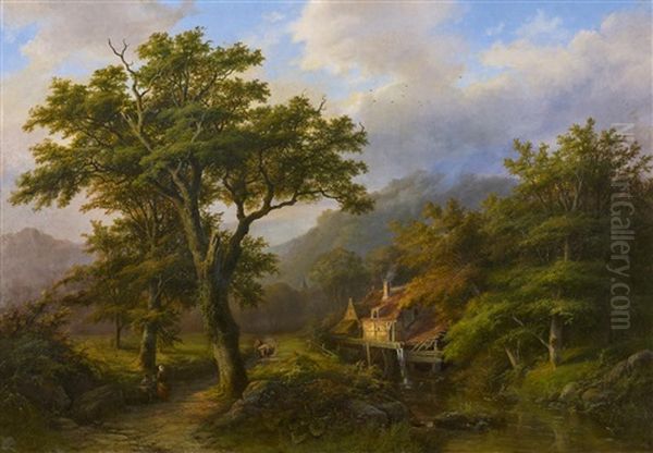 Romantische Landschaft Mit Muhle Und Grosen Eichbaumen - view 1