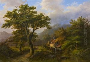 Romantische Landschaft Mit Muhle Und Grosen Eichbaumen
