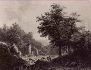 A Wooded Landscape With Figures By The Church Of Duffelward by Anna Van Sandick