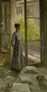 Erwartung - Junge Frau An Einem Geoffneten Fenster by Hermann Sandkuhl