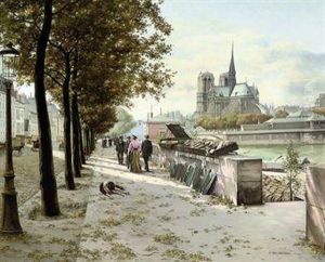 A Book Stall On The Seine, Notre Dame Beyond by Abel Boulineau