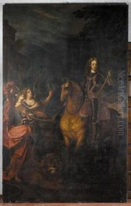 Portrait Of A Gentleman On Horseback, Wearing Damascened Armour, Athena And The Personification Of Victory To The Left And A Lion Reclining
