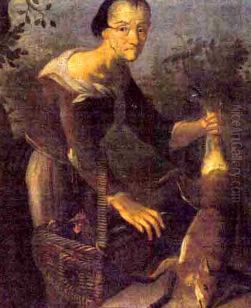 Man With Fox And Roosters - view 1