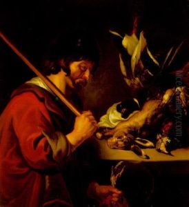 A Gamekeeper Standing By A Ledge With A Still Life Of A Hare, A Duck And Other Fowl