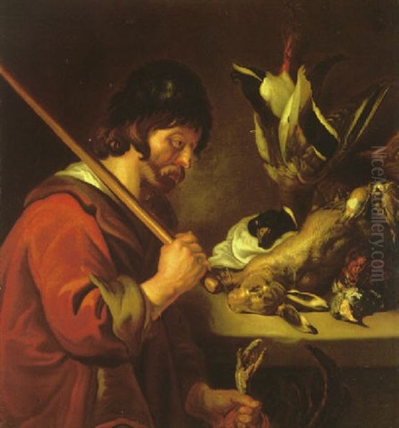 A Gamekeeper Standing Next To A Ledge With A Still Life Of A Hare, A Duck And Other Fowl - view 1
