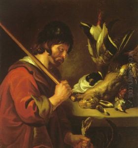 A Gamekeeper Standing Next To A Ledge With A Still Life Of A Hare, A Duck And Other Fowl