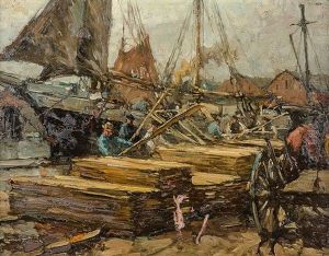 Partie Am Hafen Von Cuxhaven Mit Arbeiter Beim Loschen Von Holz by Leonhard Sandrock