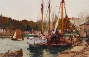 Ships At A River Branch In Berlin City by Leonhard Sandrock