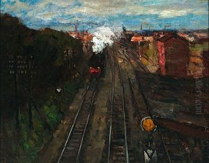 Vorstadtlandschaft Mit Dampflokomotive by Leonhard Sandrock