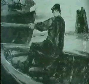 Hafenarbeiter In Nahansicht Von Schrag Hinten In Einem      Ruderboot, Der Hintergrund Das Hafens Nur Schemenhaft