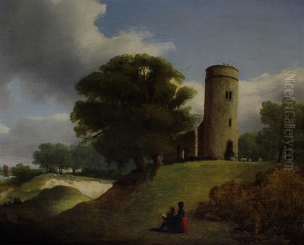 Whitlingham Church With Seated Figures In The Foreground, A Sandpit And A Boat On Water In The Distance - view 1