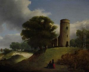 Whitlingham Church With Seated Figures In The Foreground, A Sandpit And A Boat On Water In The Distance by Anthony Sandys