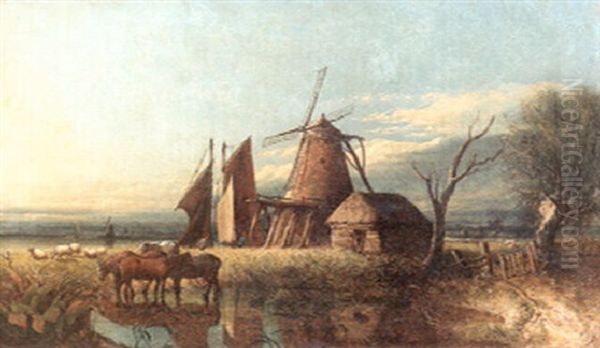 An Extensive Broadland View With A Windmill And A Cottage And Horses Watering At A Pond In The Foreground - view 1