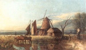 An Extensive Broadland View With A Windmill And A Cottage And Horses Watering At A Pond In The Foreground