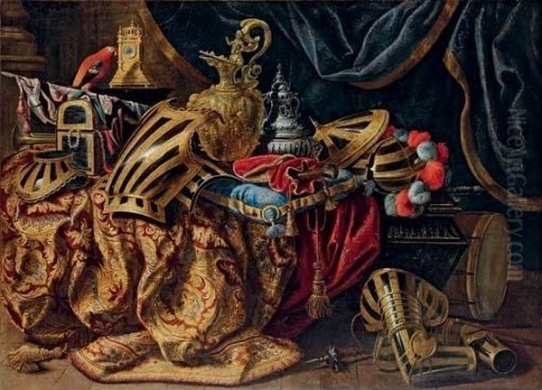 Pieces Of Parade Armour, A Plumed Helmet, A Pistol In A Case, A Gilt Ewer, A Silver Perfume Burner, A Jewellery Box, A Trumpet And A Flag On A Partly-draped Cassone, With A Parrot, A Renaissance Pillar Clock On A Pedestal And A Drum And A Mace On A Stone - view 1