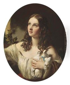 Portrait Of A Young Girl In A White Muslin Dress With A Red Sash, Holding A Dove