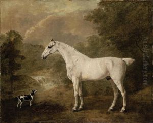 A Flea-bitten Grey Hunter And A Terrier In A River Landscape
