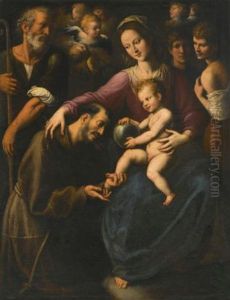 The Holy Family With Saint Francis Of Assisi Adoring The Christ Child, With Two Youths And Angels Above by Fabrizio Santafede