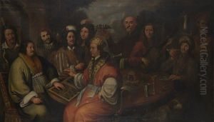 Ritratto Di Gruppo Con Giocatori Di Backgammon, Falconieri, Musici E Tavola Imbandita