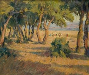 Paisaje Arbolado Con Campesinos by Marceliano Santamaria