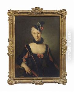 Portrait Of A Lady, Half-length, In A Black And Red Dress With Slashed Sleeves, Wearing A Plumed Headdress