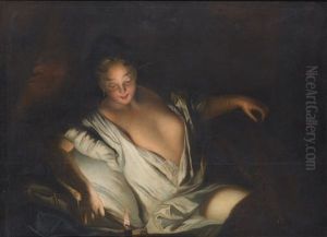 Lady With An Open Decollete Reclining On A Bed, Lighting A Candle Lady With An Open Decollete Reclining On A Bed, Lighting A Candle