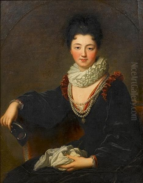 Portrait Of Madame Peletier Des Forts Seated In A Chair Wearing A Blue Velvet Red-trimmed Dress, A White Ruff And Pearls, Holding A Mask In Her Right Hand - view 1
