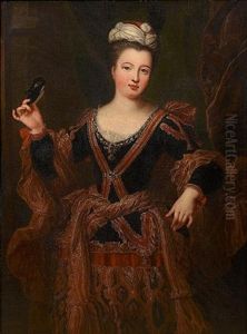 Portrait Of A Lady, Three-quarter-length, In A Dark Blue Dress With Gold Brocade Decoration, Holding A Mask And Standing Before A Curtain