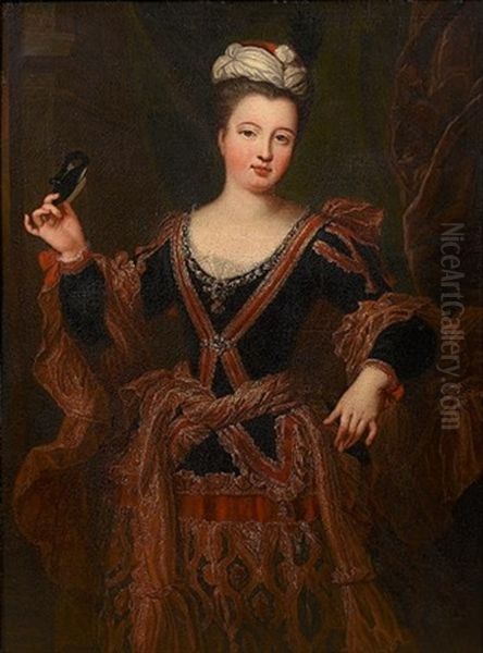 Portrait Of A Lady, In A Dark Blue Dress With Gold Brocade Decoration, Holding A Mask And Standing Before A Curtain - view 1