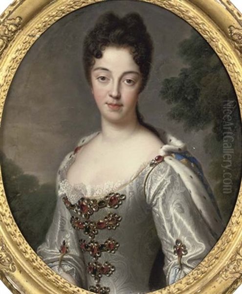 Portrait Of Marie-adelaide Di Savoia, Duchess Of Burgundy In A Bejewelled Silver Damask Dress With Lace Trim, And Ermine And Blue Robe Embroidered Wit - view 1
