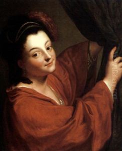Woman In Red Withdrawing A Curtain