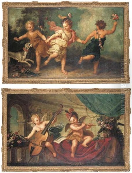 Three Putti Dancing With A Dog (+ Two Putti Making Music In A Palatial Interior; Pair) - view 1