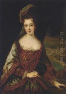 Portrait Of A Lady (marie Adelaide De Savoie, Duchesse De Bourgogne?) Holding A Mask, A View Of A Town Beyond