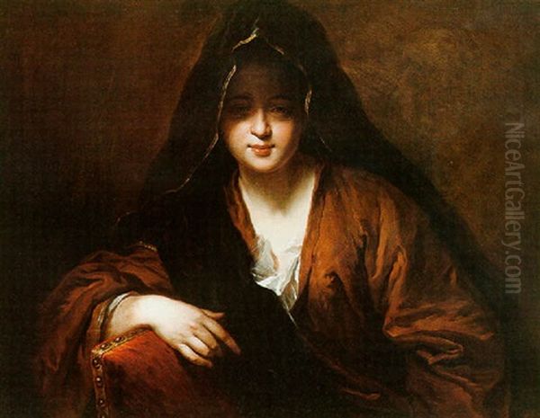A Young Lady Seated On A Red Velvet Chair, Wearing A Brown Coat And A Black Veil - view 1