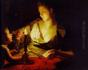 A Woman Sealing A Letter By Candlelight, Assisted By A Child by Jean-Baptiste Santerre