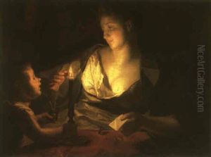 Woman Sealing A Letter By Candlelight With A Putto (?) Assisting