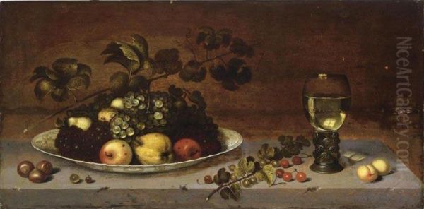 A Still Life With Grapes, Apples, A Quince And Pears On A Wan-li Porcelain Dish, Together With Medlars, Gooseberries, Cherries And Peaches, All On A Stone Ledge With A Roemer - view 1
