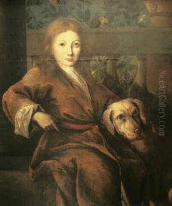 A Portrait Of A Young Boy Seated With His Dog At The Base   Of A Column Before A Balustrade