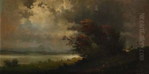Aufziehendes Gewitter Uber Romantischer Seenlandschaft by Nikolaus (Miklos) Santho