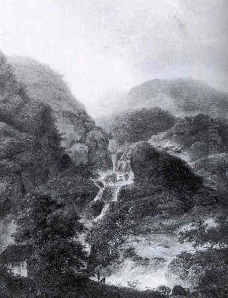 A Mountainous Landscape With Figures By A Waterfall - view 1